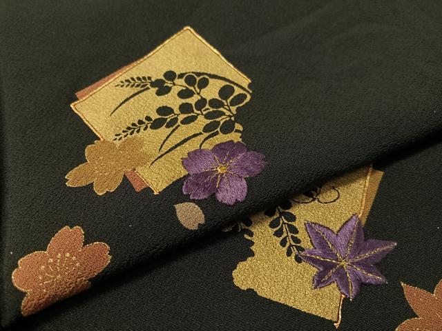 平和屋着物●ファッションデザイナー 花井幸子 訪問着 駒刺繍 破れ色紙花文 黒地 金彩 正絹 逸品 CABC2769vp