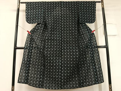 平和屋着物●久留米絣 単衣 吉祥花文 黒地 綿 逸品 CABC2777vp