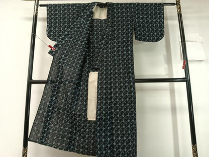 平和屋着物●久留米絣 単衣 吉祥花文 黒地 綿 逸品 CABC2777vp