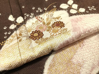 平和屋着物●訪問着 駒刺繍 絞り 地紙花文 金彩 正絹 逸品 CABC2782vp