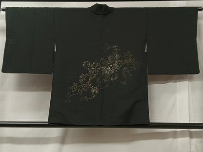 平和屋着物＃羽織 寿光織 枝花文 黒地 金銀糸 正絹 逸品 CABC2949ua