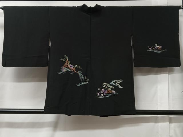 平和屋着物＃羽織　総刺繍　流水花文　黒地　正絹　逸品　CABC2952ua