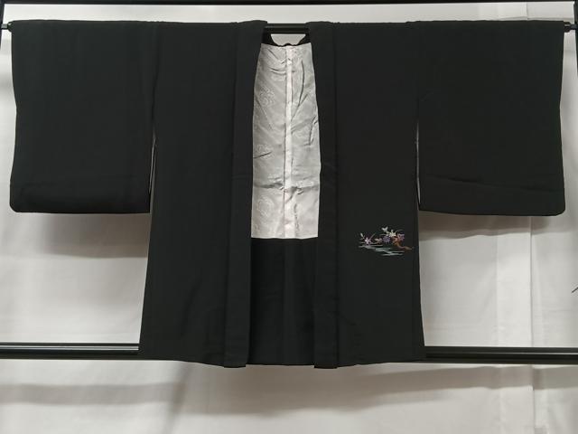 平和屋着物＃羽織　総刺繍　流水花文　黒地　正絹　逸品　CABC2952ua
