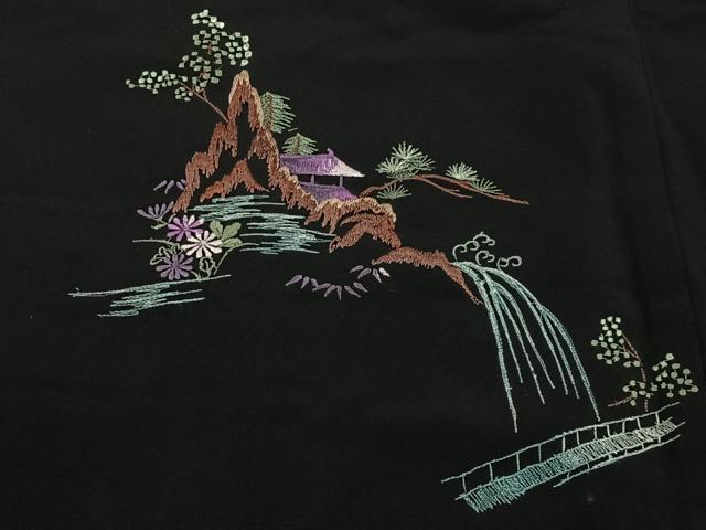 平和屋着物＃羽織　総刺繍　流水花文　黒地　正絹　逸品　CABC2952ua