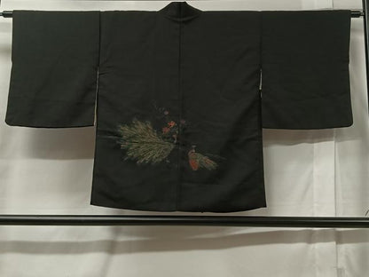 平和屋着物＃羽織　寿光織　孔雀花文　黒地　銀糸　正絹　逸品　CABC2968ua