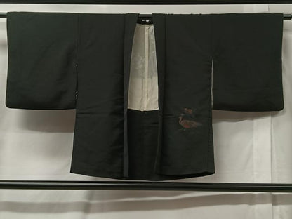 平和屋着物＃羽織　寿光織　孔雀花文　黒地　銀糸　正絹　逸品　CABC2968ua