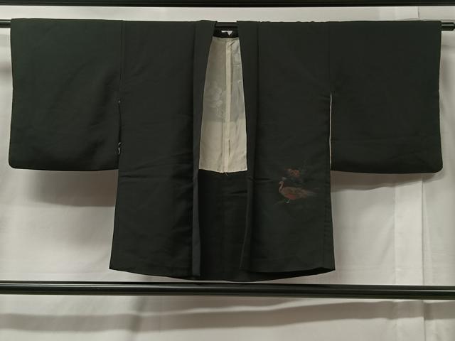 平和屋着物＃羽織　寿光織　孔雀花文　黒地　銀糸　正絹　逸品　CABC2968ua