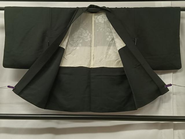 平和屋着物＃羽織　寿光織　孔雀花文　黒地　銀糸　正絹　逸品　CABC2968ua