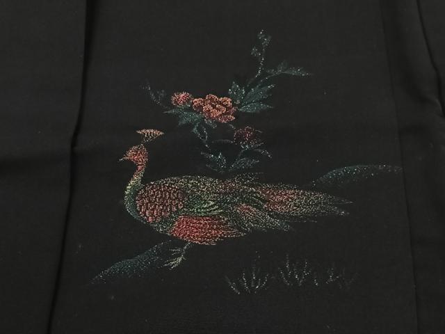 平和屋着物＃羽織　寿光織　孔雀花文　黒地　銀糸　正絹　逸品　CABC2968ua