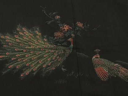 平和屋着物＃羽織　寿光織　孔雀花文　黒地　銀糸　正絹　逸品　CABC2968ua