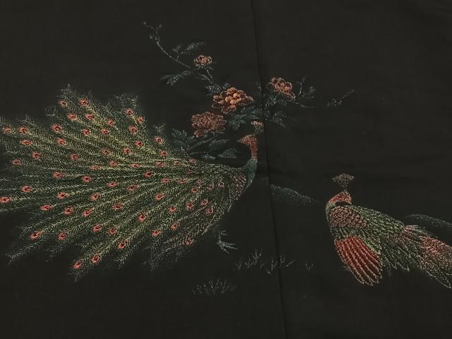 平和屋着物＃羽織　寿光織　孔雀花文　黒地　銀糸　正絹　逸品　CABC2968ua