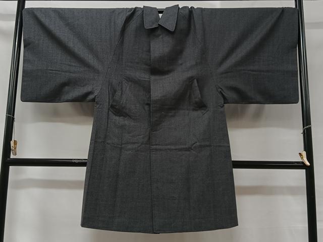 平和屋着物＃男性　角袖　和装コート　単衣　墨色　ロング丈　正絹　逸品　CABC2982ua