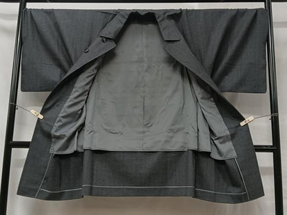 平和屋着物＃男性　角袖　和装コート　単衣　墨色　ロング丈　正絹　逸品　CABC2982ua