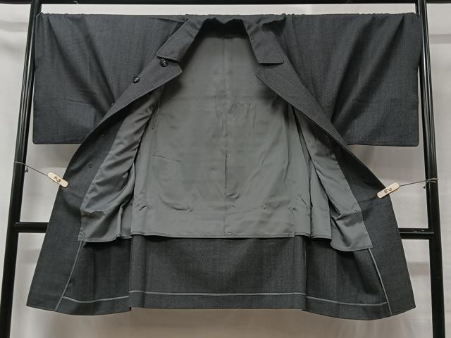平和屋着物＃男性　角袖　和装コート　単衣　墨色　ロング丈　正絹　逸品　CABC2982ua