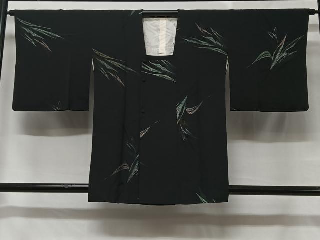 平和屋着物＃道行コート　寿光織　舞葉文　黒地　金彩　正絹　逸品　CABC2993ua