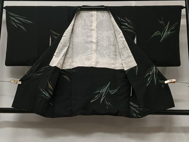 平和屋着物＃道行コート　寿光織　舞葉文　黒地　金彩　正絹　逸品　CABC2993ua