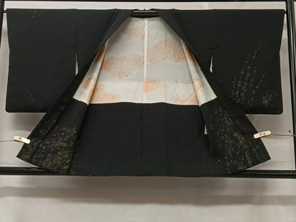 平和屋着物＃羽織　寿光織　草花文　黒地　正絹　逸品　CABC3000ua