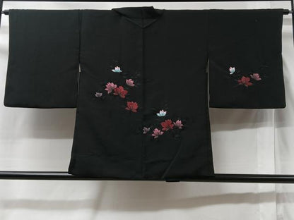平和屋着物＃羽織　総刺繍　草花文　黒地　正絹　逸品　CABC3037ua