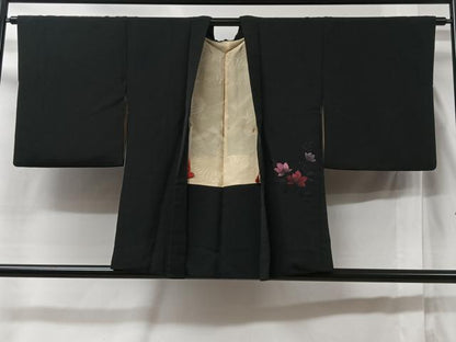 平和屋着物＃羽織　総刺繍　草花文　黒地　正絹　逸品　CABC3037ua