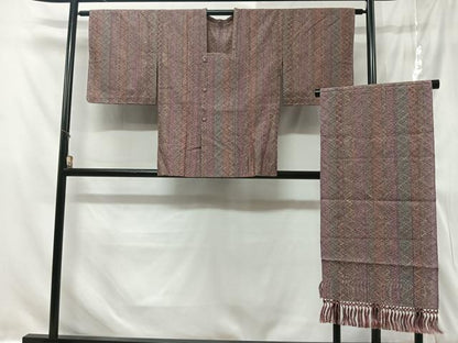 平和屋着物▽道行コート　スリーシーズン　春夏秋　塵除け　組織　縞　ショール付き　正絹　逸品　未使用　CABC3106ua