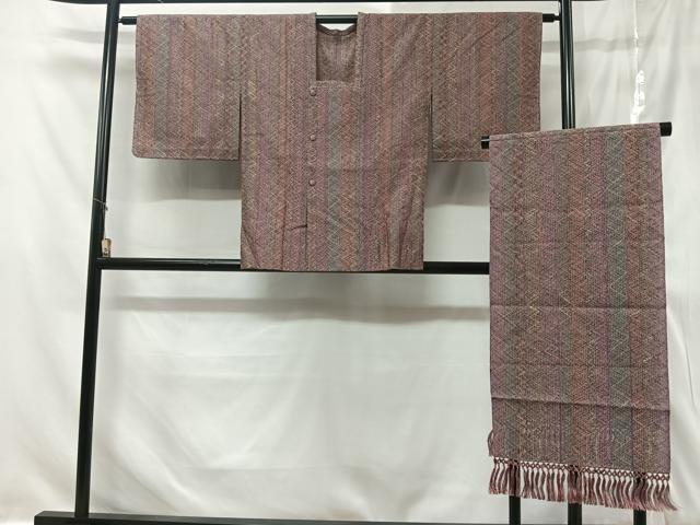 平和屋着物▽道行コート　スリーシーズン　春夏秋　塵除け　組織　縞　ショール付き　正絹　逸品　未使用　CABC3106ua