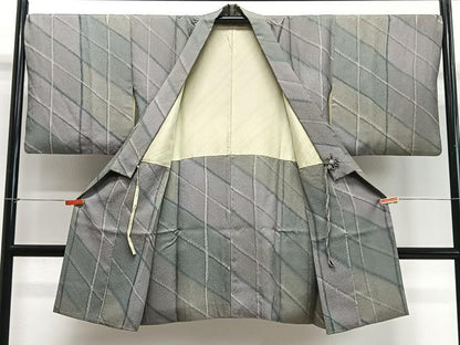 平和屋着物∞染色作家　斉藤三才　道中着　幾何学文　ロング丈　反端　正絹　逸品　CABC3152ua