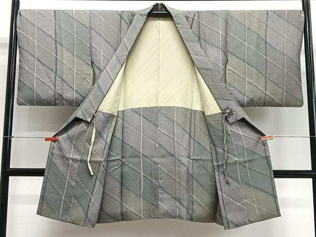 平和屋着物∞染色作家　斉藤三才　道中着　幾何学文　ロング丈　反端　正絹　逸品　CABC3152ua