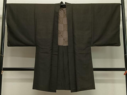 平和屋着物∞男性　長羽織　髭紬　涅色　正絹　逸品　CABC3153ua