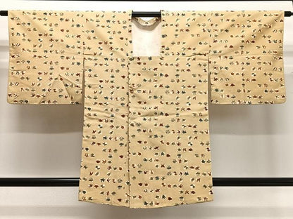 平和屋着物∞道行コート　紬地　型染め　花鳥文　正絹　逸品　CABC3156ua