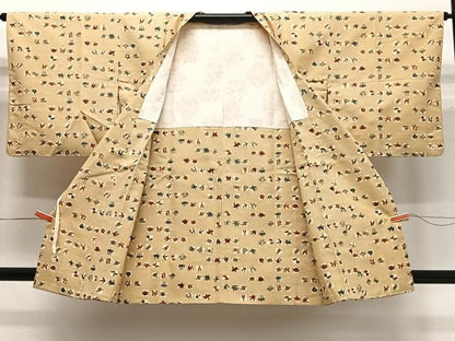 平和屋着物∞道行コート　紬地　型染め　花鳥文　正絹　逸品　CABC3156ua