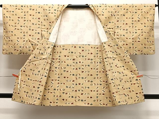 平和屋着物∞道行コート　紬地　型染め　花鳥文　正絹　逸品　CABC3156ua