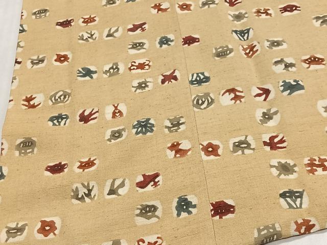平和屋着物∞道行コート　紬地　型染め　花鳥文　正絹　逸品　CABC3156ua