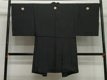 平和屋着物∞男性　長羽織　黒紋付　羽裏：童子　正絹　逸品　CABC3165ua