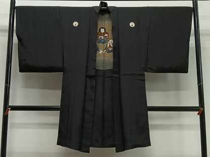 平和屋着物∞男性　長羽織　黒紋付　羽裏：童子　正絹　逸品　CABC3165ua