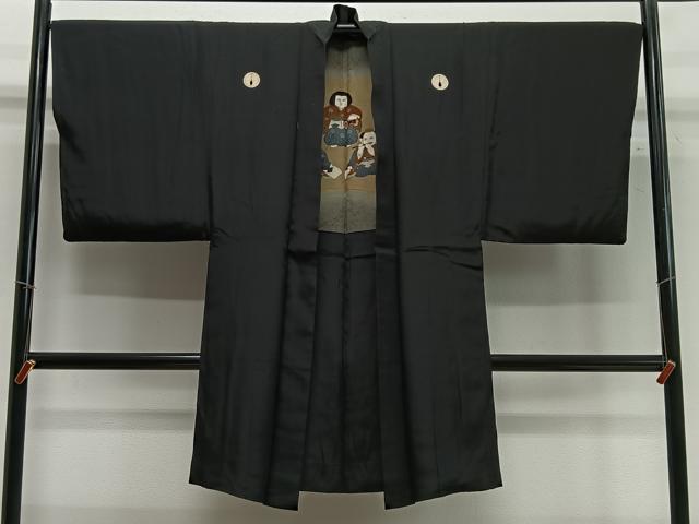 平和屋着物∞男性　長羽織　黒紋付　羽裏：童子　正絹　逸品　CABC3165ua