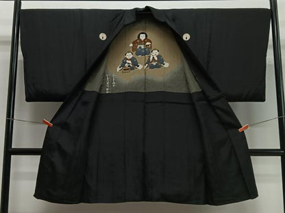 平和屋着物∞男性　長羽織　黒紋付　羽裏：童子　正絹　逸品　CABC3165ua