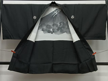 平和屋着物∞男性　長羽織　黒紋付　羽裏：遠山文　正絹　逸品　CABC3166ua