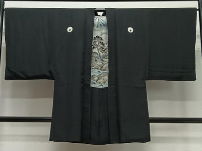 平和屋着物∞男性　長羽織　黒紋付　羽裏：風景文　正絹　逸品　CABC3167ua