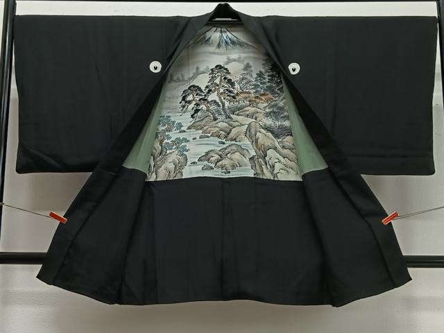 平和屋着物∞男性　長羽織　黒紋付　羽裏：風景文　正絹　逸品　CABC3167ua