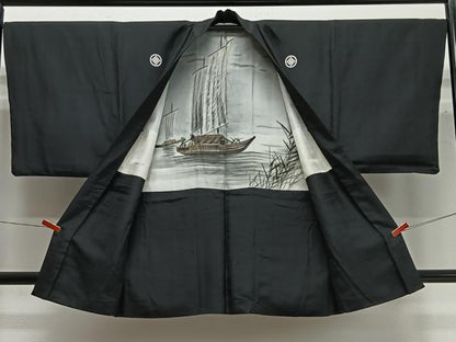 平和屋着物∞男性　長羽織　黒紋付　羽裏：舟　正絹　逸品　CABC3168ua