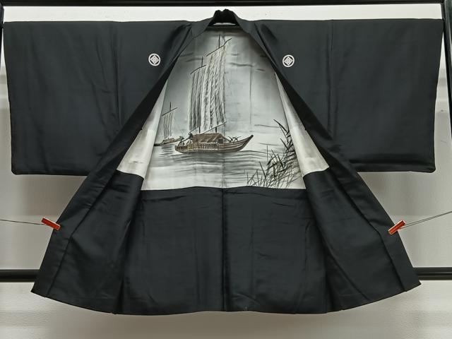 平和屋着物∞男性　長羽織　黒紋付　羽裏：舟　正絹　逸品　CABC3168ua
