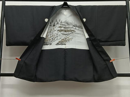 平和屋着物∞男性　羽織　黒紋付　羽裏：風景文　正絹　逸品　CABC3169ua