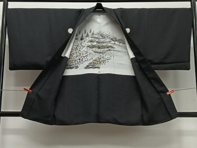 平和屋着物∞男性　羽織　黒紋付　羽裏：風景文　正絹　逸品　CABC3169ua