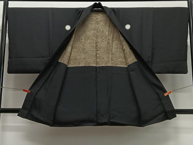 平和屋着物∞男性　長羽織　黒紋付　羽裏：人物風景文　正絹　逸品　CABC3171ua