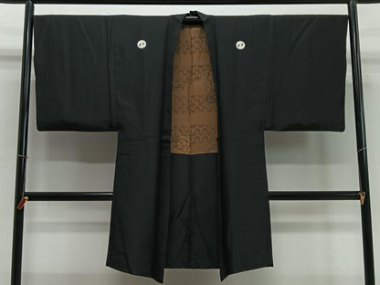 平和屋着物∞男性　長羽織　黒紋付　羽裏：唐獅子　正絹　逸品　CABC3172ua