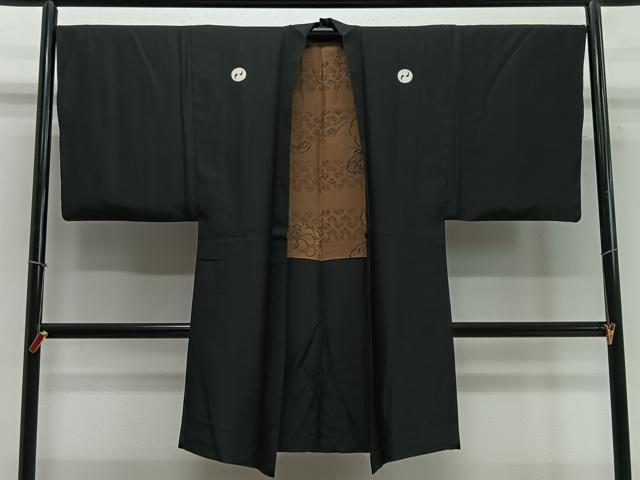 平和屋着物∞男性　長羽織　黒紋付　羽裏：唐獅子　正絹　逸品　CABC3172ua