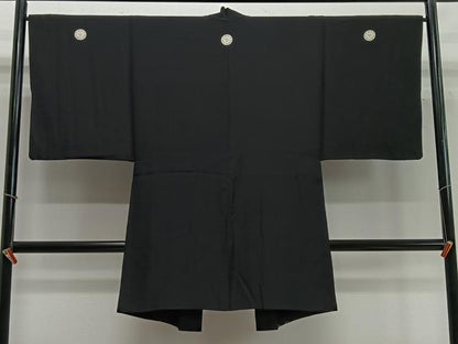 平和屋着物∞男性　長羽織　黒紋付　羽裏：遠山文　正絹　逸品　CABC3173ua