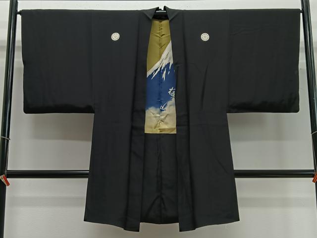 平和屋着物∞男性　長羽織　黒紋付　羽裏：遠山文　正絹　逸品　CABC3173ua