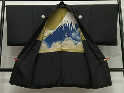 平和屋着物∞男性　長羽織　黒紋付　羽裏：遠山文　正絹　逸品　CABC3173ua