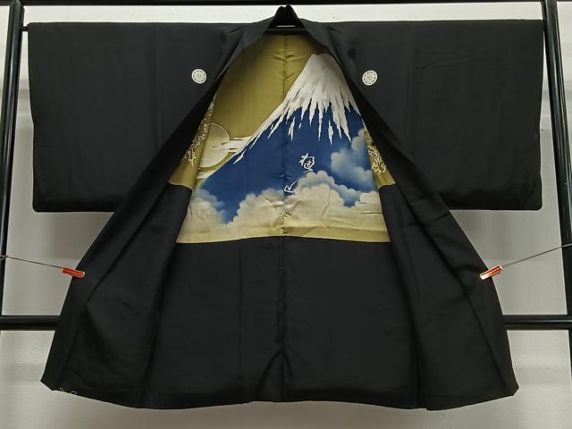 平和屋着物∞男性　長羽織　黒紋付　羽裏：遠山文　正絹　逸品　CABC3173ua